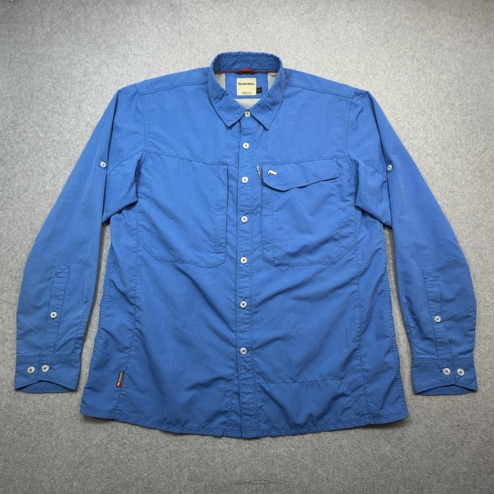 Simms Shirt Mens Large Blue Roll Tab Sleeve Button Fishing Vented Nylon Blend